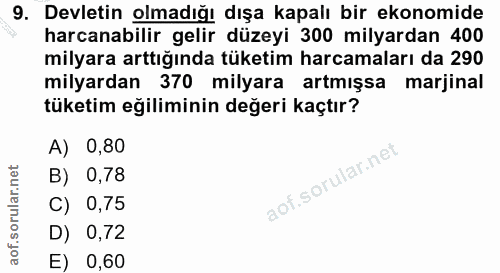 9. soru: Devletin olmadığı dışa kapalı bir ekonomide harcanabilir gelir düzeyi 300 milyardan 400 milyara arttığında tüketim ha…