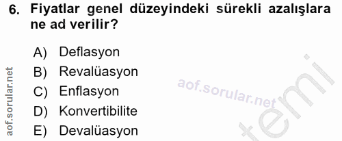 6. soru: Fiyatlar genel düzeyindeki sürekli azalışlara ne ad verilir? A) Deflasyon B) Revalüasyon C) Enflasyon D) Konvertibili…