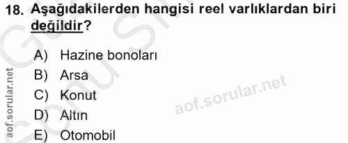 18. soru: Aşağıdakilerden hangisi reel varlıklardan biri değildir? A) Hazine bonoları B) Arsa C) Konut D) Altın E) Otomobil