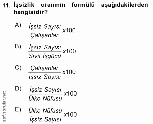 11. soru: İşsizlik oranının formülü aşağıdakilerden hangisidir? A) İşsiz Sayısı -x100 Çalışanlar B) İşsiz Sayısı - ×100 Sivil I…