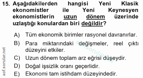 15. soru: Aşağıdakilerden hangisi Yeni Klasik ekonomistler ile Yeni Keynesyen ekonomistlerin uzun dönem üzerinde uzlaştığı konu…