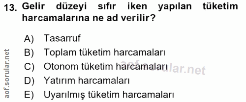 13. soru: Gelir düzeyi sıfır iken yapılan tüketim harcamalarına ne ad verilir? A) Tasarruf B) Toplam tüketim harcamaları C) Oto…