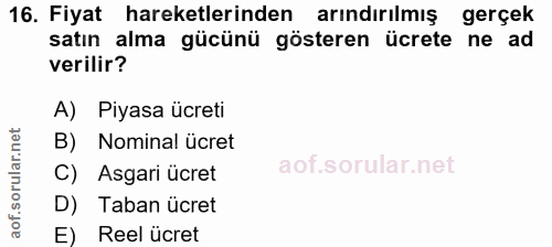 16. soru: Fiyat hareketlerinden arındırılmış gerçek satın alma gücünü gösteren ücrete ne ad verilir? A) Piyasa ücreti B) Nomina…