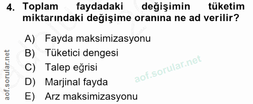 4. soru: Toplam faydadaki değişimin tüketim miktarındaki değişime oranına ne ad verilir? A) Fayda maksimizasyonu B) Tüketici d…