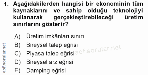 1. soru: Aşağıdakilerden hangisi bir ekonominin tüm kaynaklarını ve sahip olduğu teknolojiyi kullanarak gerçekleştirebileceği…