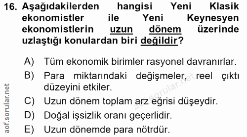 16. soru: Aşağıdakilerden hangisi Yeni Klasik ekonomistler ile Yeni Keynesyen ekonomistlerin uzun dönem üzerinde uzlaştığı konu…
