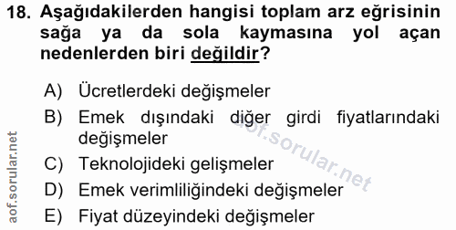 18. soru: Aşağıdakilerden hangisi toplam arz eğrisinin sağa ya da sola kaymasına yol açan nedenlerden biri değildir? A) Ücretle…