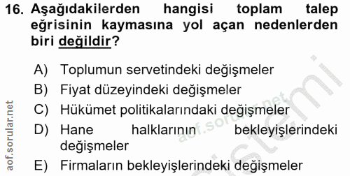 16. soru: Aşağıdakilerden hangisi toplam talep egrisinin kaymasına yol açan nedenlerden biri değildir? A) Toplumun servetindeki…