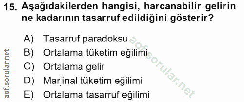 15. soru: Aşağıdakilerden hangisi, harcanabilir gelirin ne kadarının tasarruf edildiğini gösterir? A) Tasarruf paradoksu B) Ort…