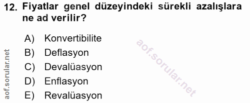 12. soru: Fiyatlar genel düzeyindeki sürekli azalışlara ne ad verilir? A) Konvertibilite B) Deflasyon C) Devalüasyon D) Enflasy…