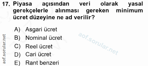 17. soru: Piyasa açısından veri olarak yasal gerekçelerle alınması gereken minimum ücret düzeyine ne ad verilir? A) Asgari ücre…