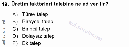 19. soru: Üretim faktörleri talebine ne ad verilir? A) Türev talep B) Bireysel talep C) Birincil talep D) Dolaysız talep E) Ek…