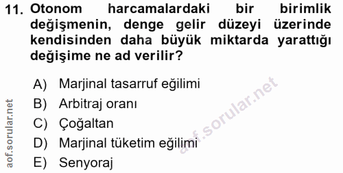 11. soru: Otonom harcamalardaki bir birimlik değişmenin, denge gelir düzeyi üzerinde kendisinden daha büyük miktarda yarattığı…