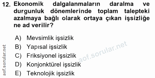 12. soru: Ekonomik dalgalanmaların daralma ve durgunluk dönemlerinde toplam talepteki azalmaya bağlı olarak ortaya çıkan işsizl…