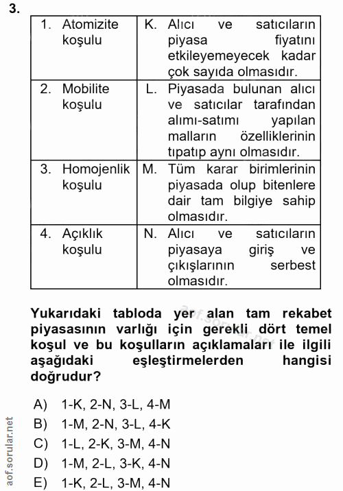 3. soru: Atomizite K. Alıcı ve saticıların koşulu piyasa fiyatını etkileyemeyecek kadar çok sayıda olmasıdır. 2. Mobilite L. P…