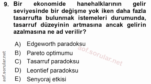 9. soru: Bir ekonomide hanehalklarının gelir seviyesinde bir değişme yok iken daha fazla tasarrufta bulunmak istemeleri durumu…