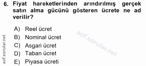 6. soru: Fiyat hareketlerinden arındırılmış gerçek satın alma gücünü gösteren ücrete ne ad verilir? A) Reel ücret B) Nominal ü…