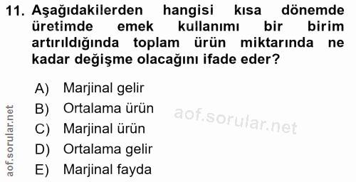 11. soru: Aşağıdakilerden hangisi kısa dönemde üretimde emek kullanımı bir birim artırıldığında toplam ürün miktarında ne kadar…