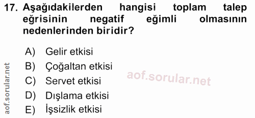 17. soru: Aşağıdakilerden hangisi toplam talep eğrisinin negatif eğimli olmasının nedenlerinden biridir? A) Gelir etkisi B) Çoğ…