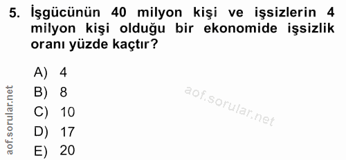 5. soru: İşgücünün 40 milyon kişi ve işsizlerin 4 milyon kişi olduğu bir ekonomide işsizlik oranı yüzde kaçtır? A) 4 B) 8 C) 1…