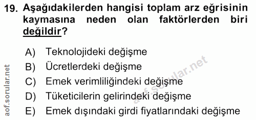 19. soru: Aşağıdakilerden hangisi toplam arz eğrisinin kaymasına neden olan faktörlerden biri değildir? A) Teknolojideki değişm…