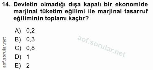 14. soru: Devletin olmadığı dışa kapalı bir ekonomide marjinal tüketim eğilimi ile marjinal tasarruf eğiliminin toplamı kaçtır?…