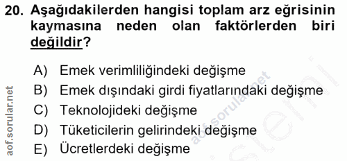 20. soru: Aşağıdakilerden hangisi toplam arz eğrisinin kaymasına neden olan faktörlerden biri değildir? A) Emek verimliliğindek…