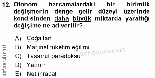 12. soru: Otonom harcamalardaki bir birimlik değişmenin denge gelir düzeyi üzerinde kendisinden daha büyük miktarda yarattığı d…