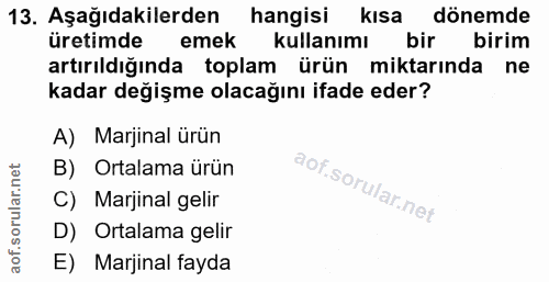 13. soru: Aşağıdakilerden hangisi kısa dönemde üretimde emek kullanımı bir birim artırıldığında toplam ürün miktarında ne kadar…