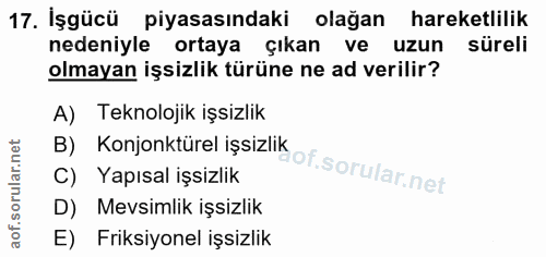 17. soru: İşgücü piyasasındaki olağan hareketlilik nedeniyle ortaya çıkan ve uzun süreli olmayan işsizlik türüne ne ad verilir?…
