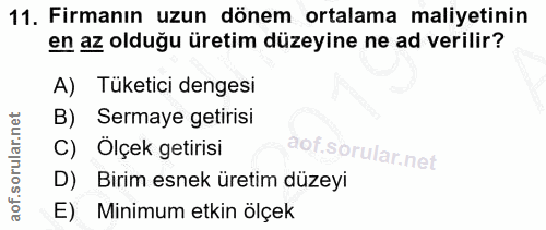 11. soru: Firmanın uzun dönem ortalama maliyetinin en az olduğu üretim düzeyine ne ad verilir? A) Tüketici dengesi B) Sermaye g…