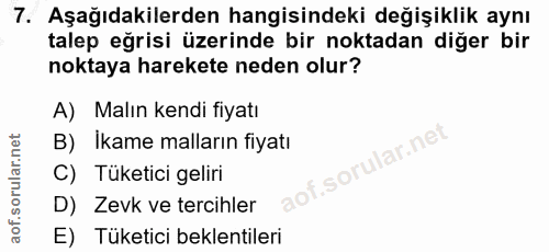 7. soru: Aşağıdakilerden hangisindeki değişiklik aynı talep eğrisi üzerinde bir noktadan diğer bir noktaya harekete neden olur…