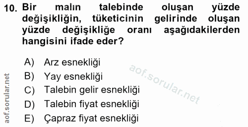 10. soru: Bir malın talebinde oluşan yüzde değişikliğin, tüketicinin gelirinde oluşan yüzde değişikliğe oranı aşağıdakilerden h…