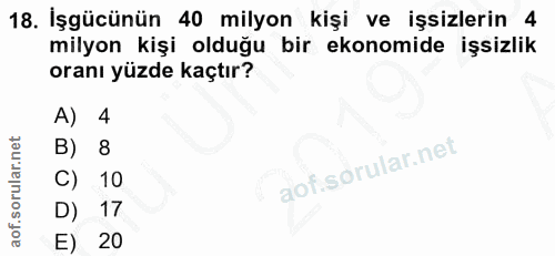 18. soru: İşgücünün 40 milyon kişi ve işsizlerin 4 milyon kişi olduğu bir ekonomide işsizlik oranı yüzde kaçtır? A) 4 B) 8 C) 1…