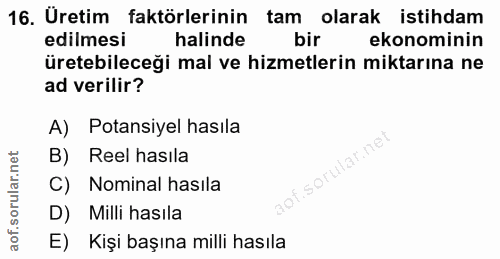 16. soru: Üretim faktörlerinin tam olarak istihdam edilmesi halinde bir ekonominin üretebileceği mal ve hizmetlerin miktarına n…