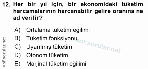 12. soru: Her bir yıl için, bir ekonomideki tüketim harcamalarının harcanabilir gelire oranına ne ad verilir? B) Tüketim fonksi…