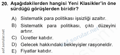 20. soru: Aşağıdakilerden hangisi Yeni Klasikler'in öne sürdüğü görüşlerden biridir? A) Sistematik para politikası işsizliği az…