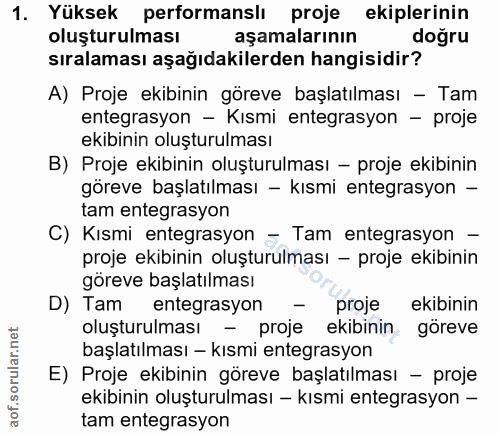 1. soru: Yüksek performanslı proje ekiplerinin oluşturulması aşamalarının doğru sıralaması aşağıdakilerden hangisidir? A) Proj…