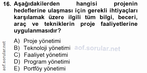16. soru: Aşağıdakilerden hangisi projenin hedeflerine ulaşması için gerekli ihtiyaçları karşılamak üzere ilgili tüm bilgi, bec…
