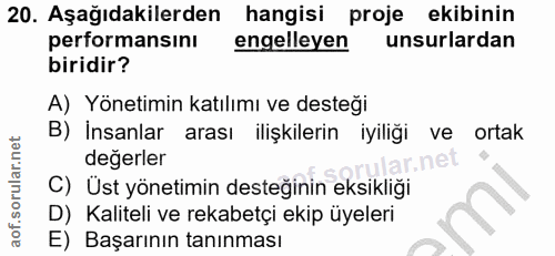20. soru: Aşağıdakilerden hangisi proje ekibinin performansını engelleyen unsurlardan biridir? A) Yönetimin katılımı ve desteği…