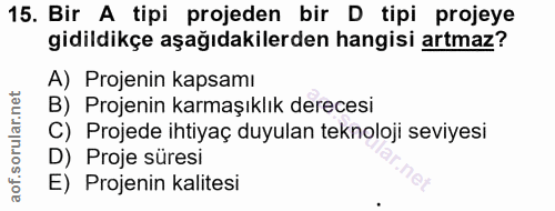 15. soru: Bir A tipi projeden bir D tipi projeye gidildikçe aşağıdakilerden hangisi artmaz? A) Projenin kapsamı B) Projenin kar…