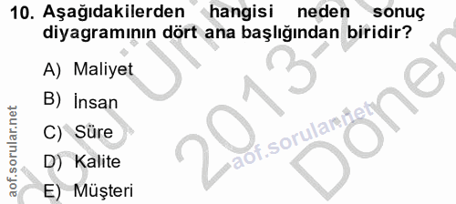 10. soru: Aşağıdakilerden hangisi neden sonuç diyagramının dört ana başlığından biridir? A) Maliyet B) insan C) Süre orsorunggn…