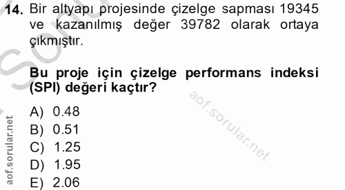 14. soru: Bir altyapı projesinde çizelge sapması 19345 ve kazanılmış değer 39782 olarak ortaya çıkmıştır. Bu proje için çizelge…