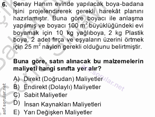 6. soru: Şenay Hanım evinde yapılacak boya-badana işini projelendirerek gerekli harekât planını hazırlamıştır. Buna göre boyac…