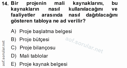 14. soru: Bir projenin mali kaynaklarını, bu kaynakların nasıl kullanılacağını ve faaliyetler arasinda nasıl dağıtılacağını gös…