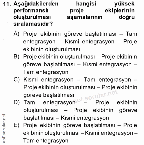 11. soru: Aşağıdakilerden hangisi yüksek performansli proje ekiplerinin oluşturulması aşamalarının dogru sıralamasıdır? A) Proj…
