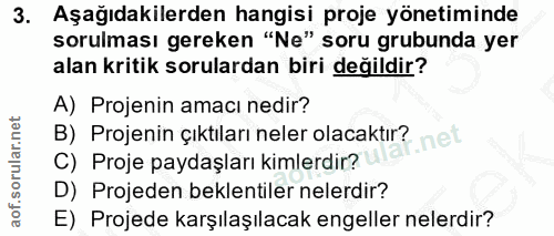 3. soru: Aşağıdakilerden hangisi proje yönetiminde sorulması gereken "Ne" soru grubunda yer alan kritik sorulardan biri değild…