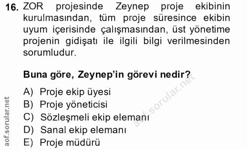16. soru: ZOR projesinde Zeynep proje ekibinin kurulmasından, tüm proje süresince ekibin uyum içerisinde çalışmasından, üst yön…