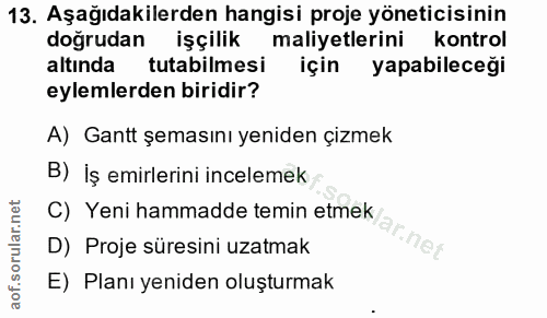 13. soru: Aşağıdakilerden hangisi proje yöneticisinin doğrudan işçilik maliyetlerini kontrol altında tutabilmesi için yapabilec…