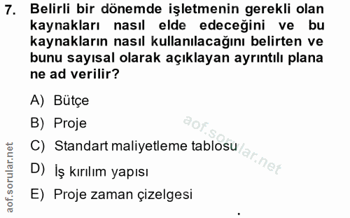 7. soru: Belirli bir dönemde işletmenin gerekli olan kaynakları nasıl elde edeceğini ve bu kaynakların nasıl kullanılacağını b…